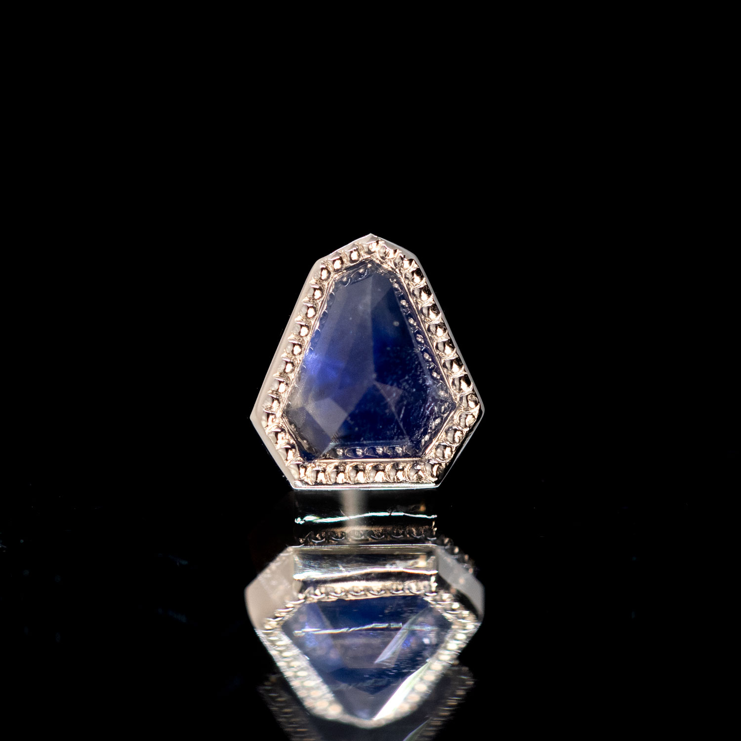Geometric Cut Madagascar Sapphire White Gold Milgrain Bezel Threadless End 5.7mm x 5.3mm